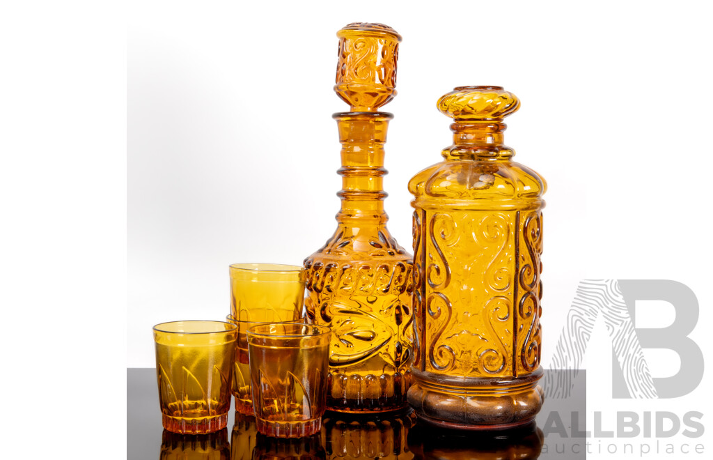 Vintage Jim Beam Amber GLass Decanter, Italian Amber Decanter and Four Amber Coloured Tumblers Marked Indonesia