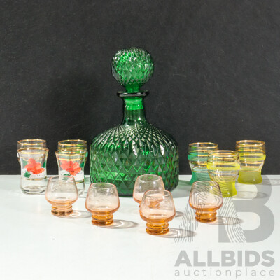 Vintage Green Glass Lidded Decanter with Various Sugar Frosted Shot Glasses