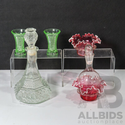 Collection of Multi-Colour Tinted Glassware Including Decanters, Vases, and Bowls