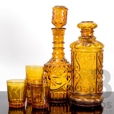 Vintage Jim Beam Amber GLass Decanter, Italian Amber Decanter and Four Amber Coloured Tumblers Marked Indonesia