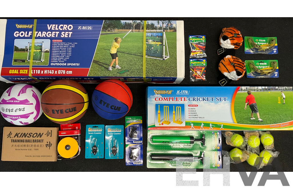 Collection of Various Sports Equipment for Golf, Cricket, Basketball, Netball, Including Various Balls, Velcro Golf Target Set and More - Lot of 25