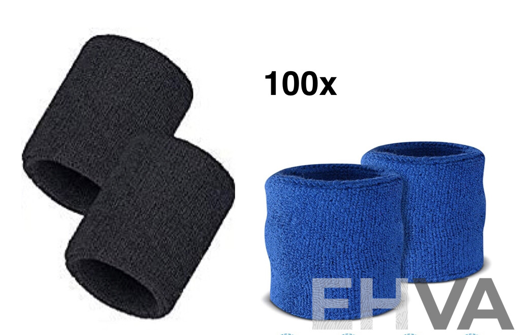 Sweat-Wicking Wristbands - Tennis Terry Towelling Cotton Sweat Workout Bands for Gym, Running - Blue and Black - Lot of 100