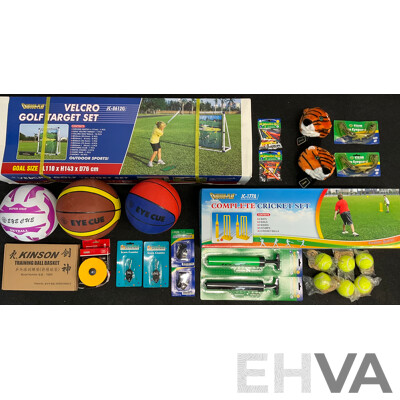 Collection of Various Sports Equipment for Golf, Cricket, Basketball, Netball, Including Various Balls, Velcro Golf Target Set and More - Lot of 25