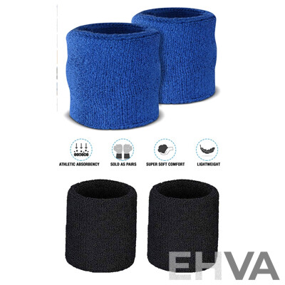Sweat-Wicking Wristbands - Tennis Terry Towelling Cotton Sweat Workout Bands for Gym, Running - Blue and Black - Lot of 100