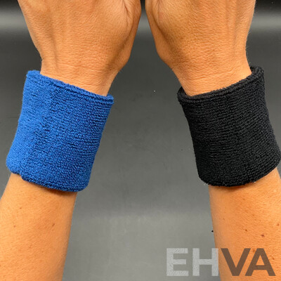 Sweat-Wicking Wristbands - Tennis Terry Towelling Cotton Sweat Workout Bands for Gym, Running - Blue and Black - Lot of 100