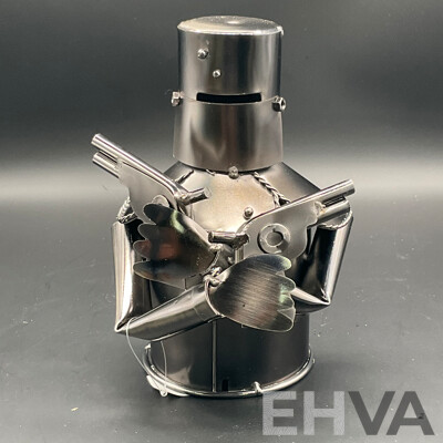 Metal ''Nuts and Bolts'' Knight (x2), Cowboy Bottle Holder (x2) and Ned Kelly Money Bank Sculptures (x2) - Lot of 6