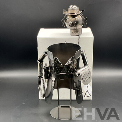 Metal ''Nuts and Bolts'' Knight (x2), Cowboy Bottle Holder (x2) and Ned Kelly Money Bank Sculptures (x2) - Lot of 6