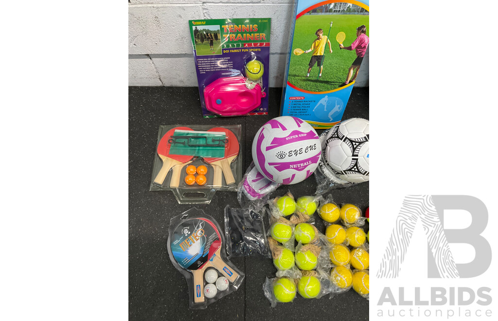 Collection of Various Sports Equipment for Tennis, Table Tennis, Basketball, Soccer, , Including Various Balls, Tennis Rotor Spin and More - Lot of 73