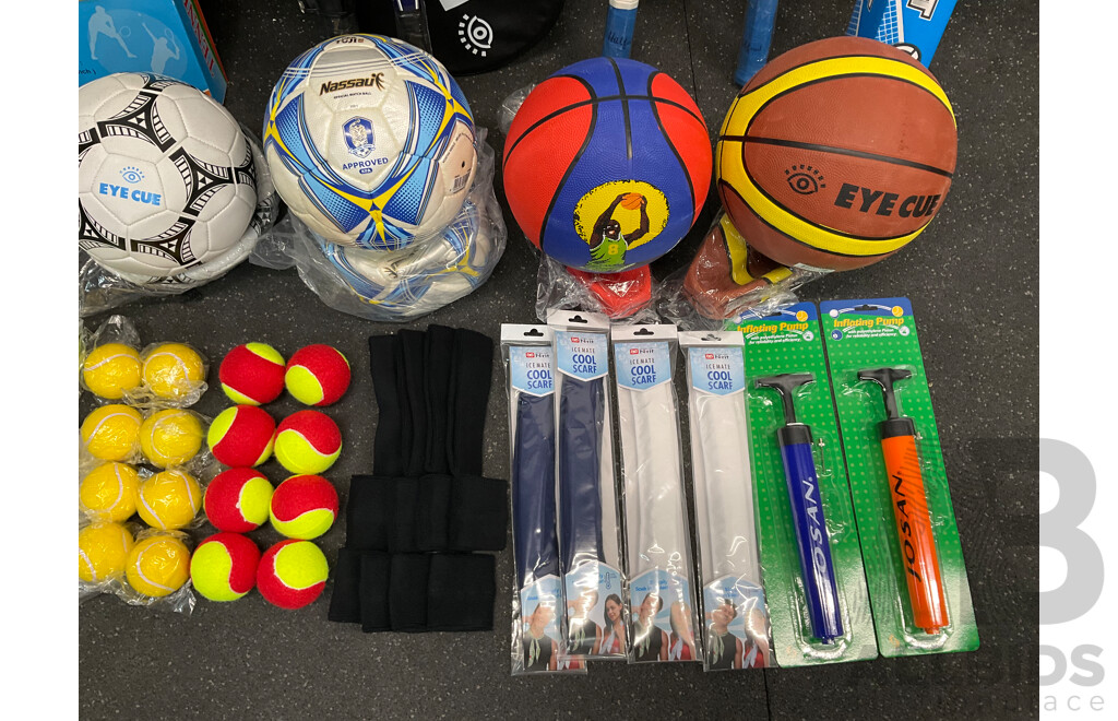 Collection of Various Sports Equipment for Tennis, Table Tennis, Basketball, Soccer, , Including Various Balls, Tennis Rotor Spin and More - Lot of 73