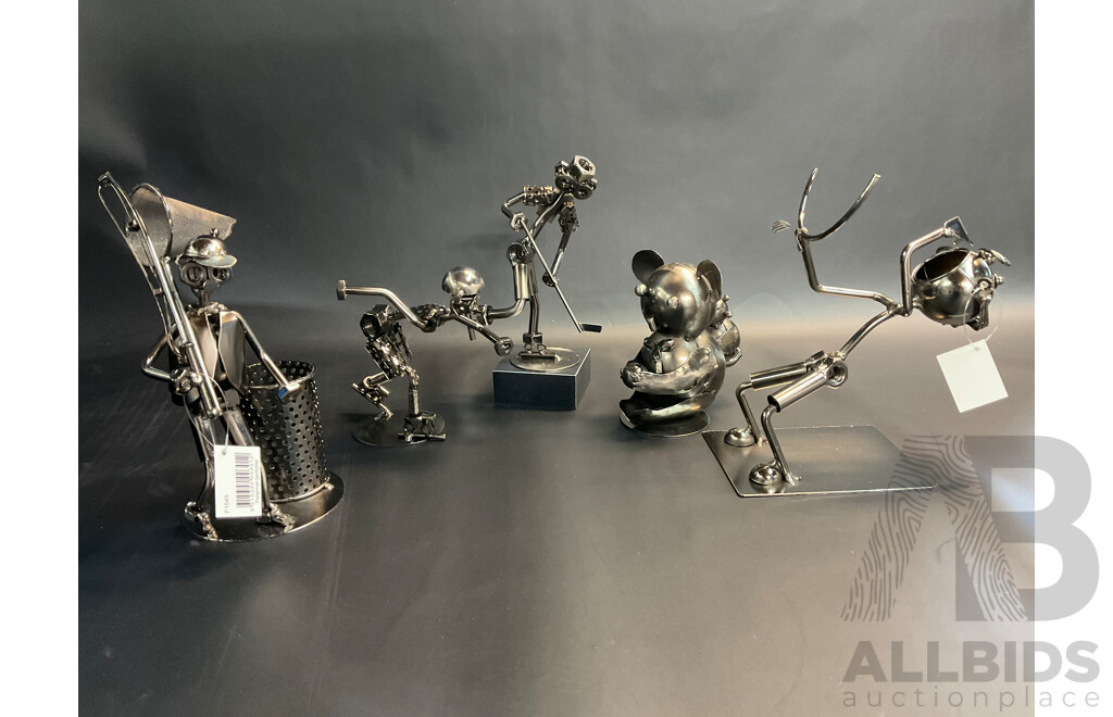 Assorted Metal ''Nuts and Bolts'' Sculptures, Including Fisherman, Ice Skater, Koala and Bottleholder - Lot of 5