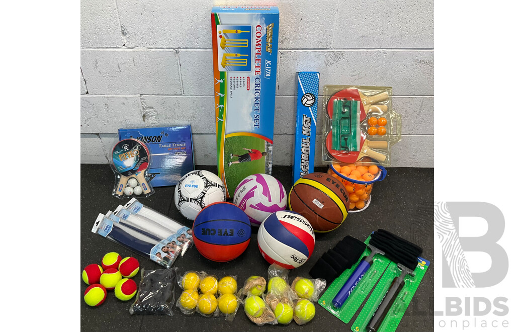 Collection of Various Sports Equipment for Tennis, Table Tennis, Volleyball, Basketball, Soccer, Including Various Balls,  Cricket Set and More - Lot of 59