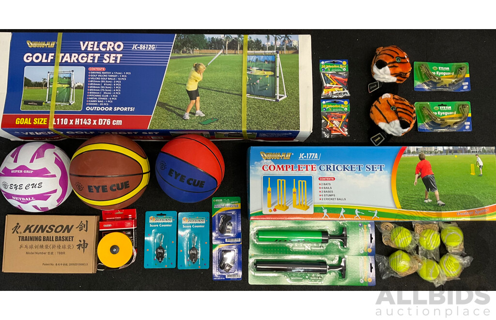 Collection of Various Sports Equipment for Golf, Cricket, Basketball, Netball, Including Various Balls, Velcro Golf Target Set and More - Lot of 25