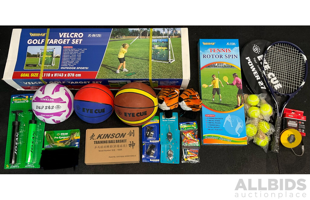 Collection of Various Sports Equipment for Golf, Tennis  Basketball, Netball, Including Various Balls, Velcro Golf Target Set and More - Lot of 25