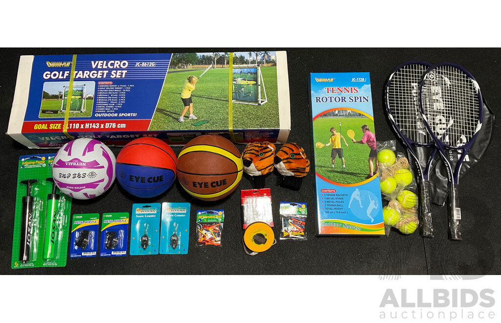 Collection of Various Sports Equipment for Golf, Tennis, Basketball, Netball, Including Various Balls, Velcro Golf Target Set and More - Lot of 24