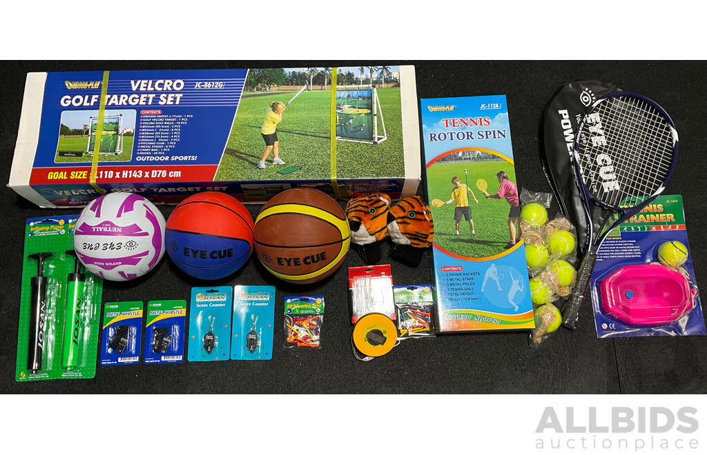 Collection of Various Sports Equipment for Golf, Tennis, Basketball, Netball, Including Various Balls, Velcro Golf Target Set and More - Lot of 24