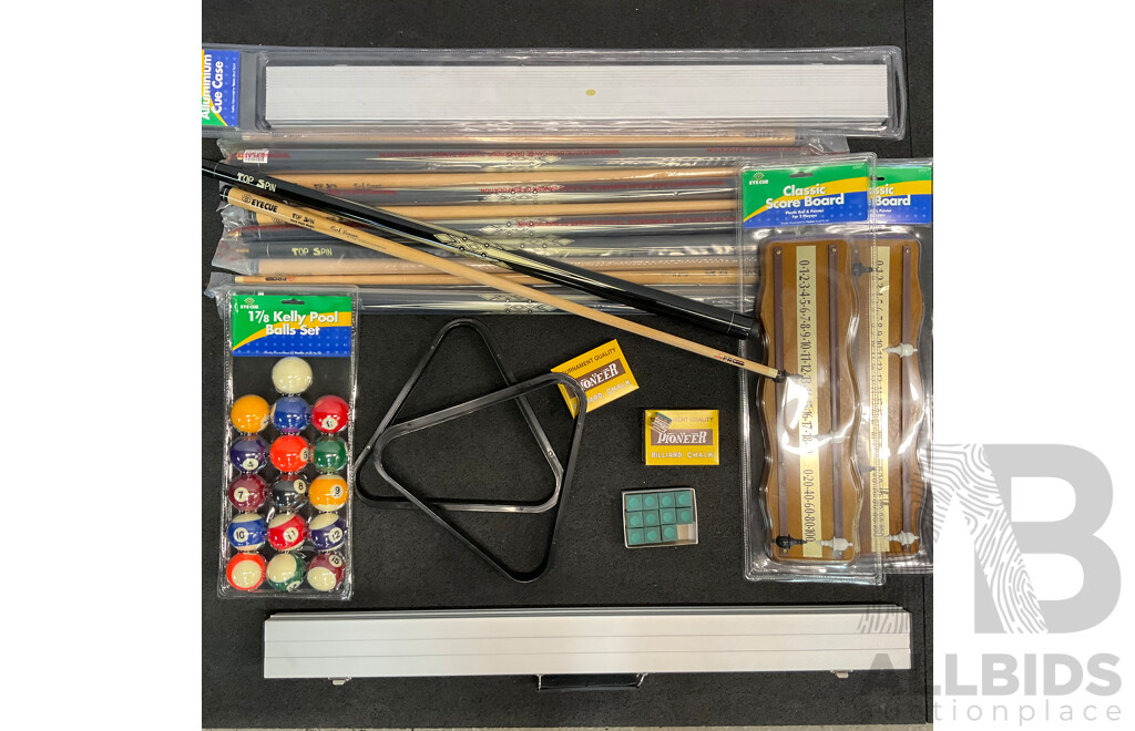Assorted Billiard Equipment, Including Top Spin Nick Varner Cue (6x) and More  - Lot of 15