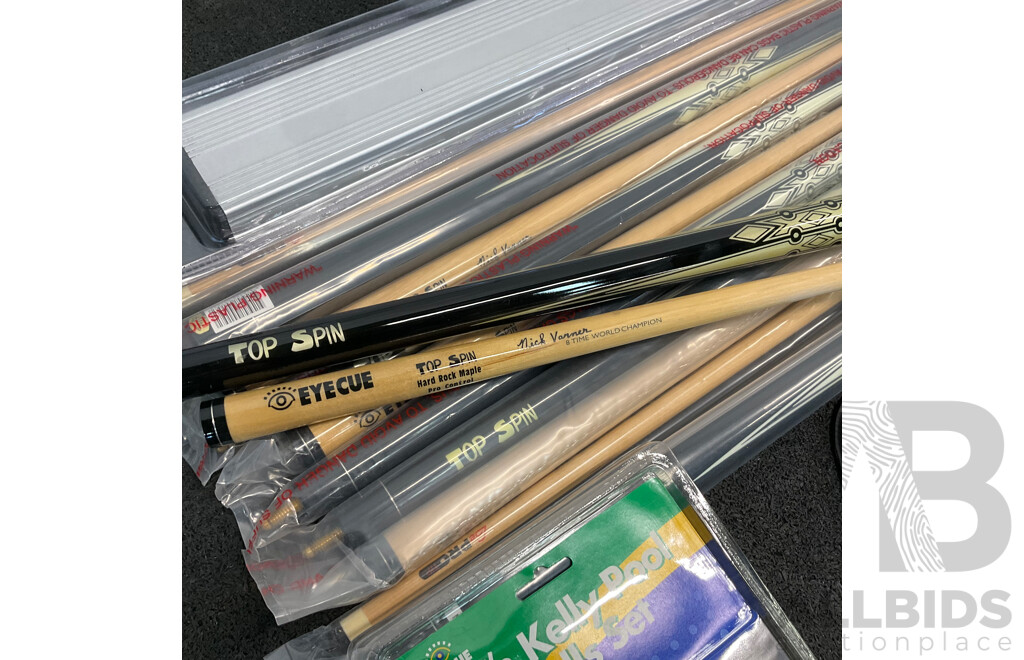 Assorted Billiard Equipment, Including Top Spin Nick Varner Cue (6x) and More  - Lot of 15