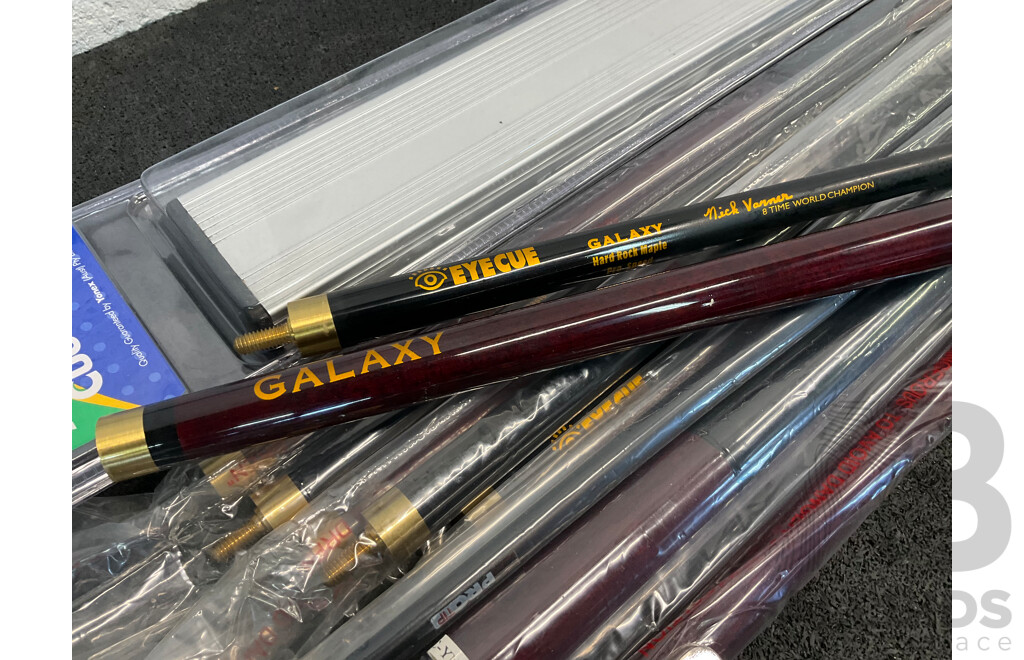 Assorted Billiard Equipment, Including Galaxy Nick Varner Cue (6x) and More  - Lot of 15