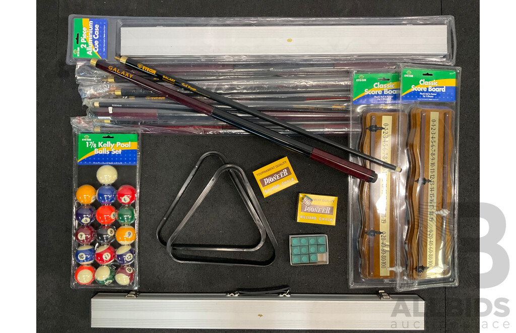 Assorted Billiard Equipment, Including Galaxy Nick Varner Cue (6x) and More  - Lot of 15