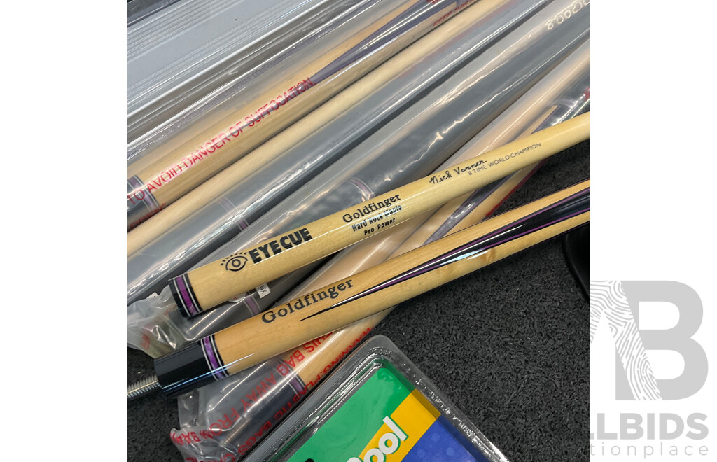 Assorted Billiard Equipment, Including Goldfinger Nick Varner Cue (6x) and More  - Lot of 15