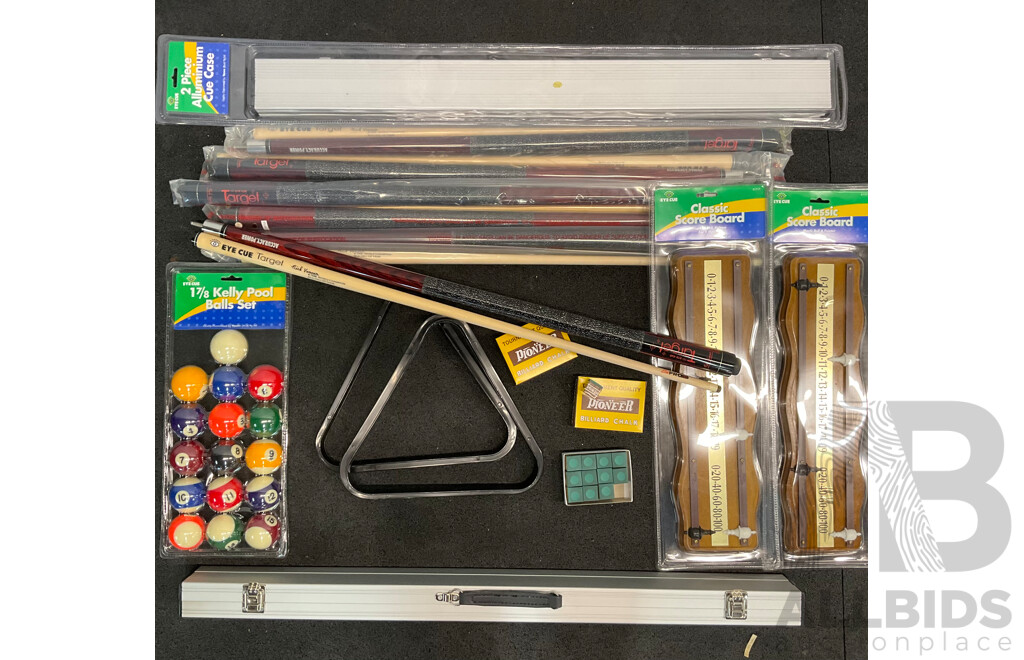 Assorted Billiard Equipment, Including Target Nick Varner Cue (6x) and More  - Lot of 15