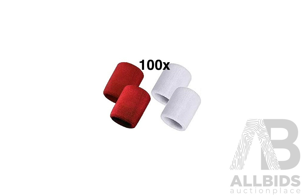 Sweat-Wicking Wristbands - Tennis Terry Towelling Cotton Sweat Workout Bands for Gym, Running - Red and White - Lot of 100
