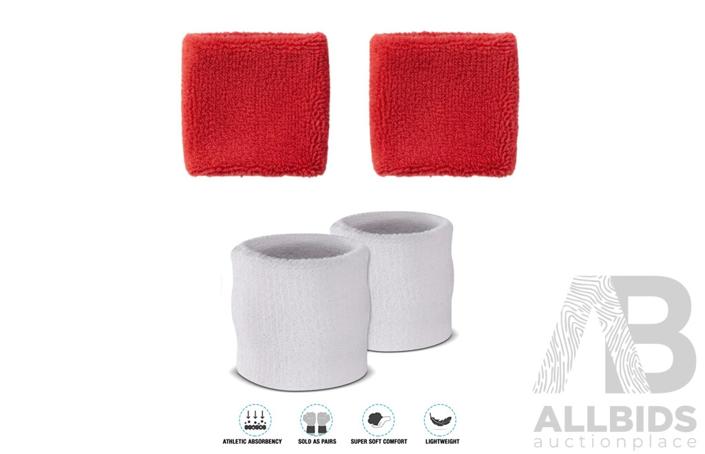 Sweat-Wicking Wristbands - Tennis Terry Towelling Cotton Sweat Workout Bands for Gym, Running - Red and White - Lot of 100