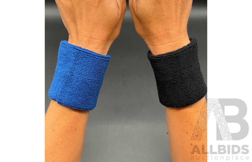 Sweat-Wicking Wristbands - Tennis Terry Towelling Cotton Sweat Workout Bands for Gym, Running - Blue and Black - Lot of 100