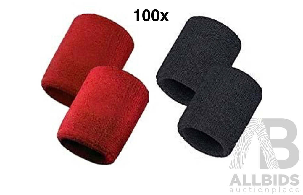 Sweat-Wicking Wristbands - Tennis Terry Towelling Cotton Sweat Workout Bands for Gym, Running - Red and Black - Lot of 100