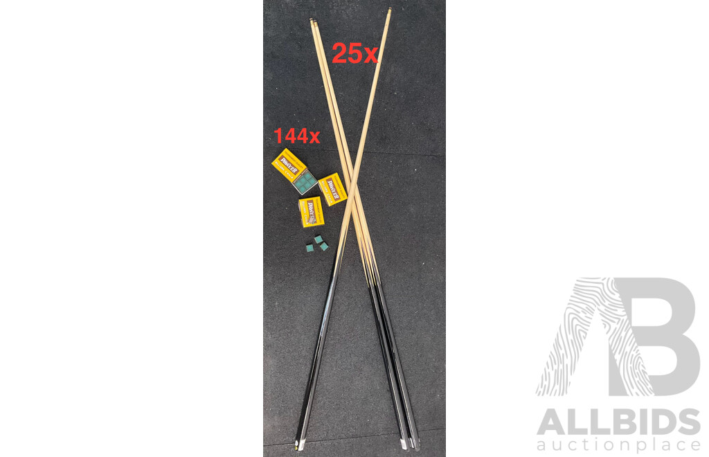 60' One Piece Cue (x25) and PIONEER Billiard Chalk (x144)  - Lot of 169