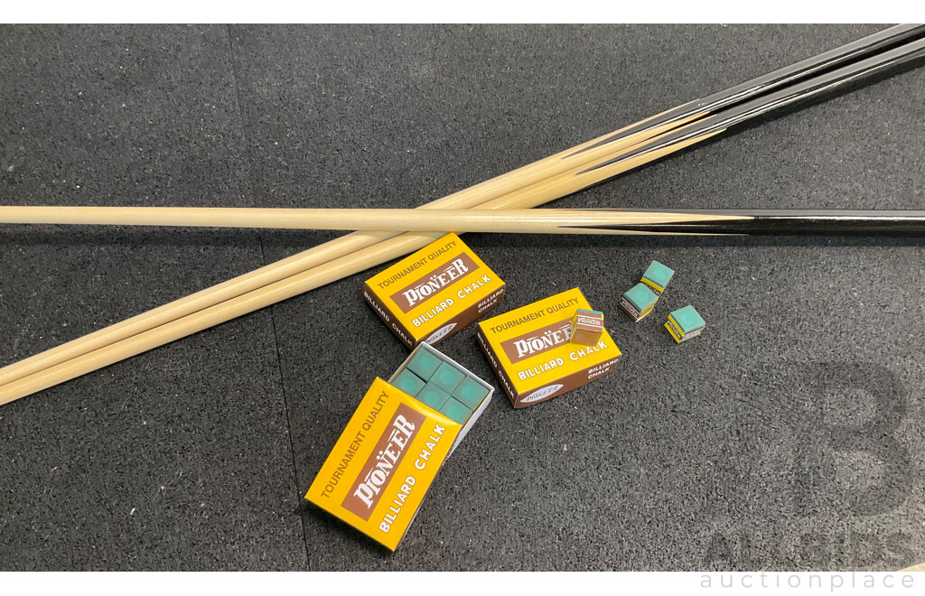 60' One Piece Cue (x25) and PIONEER Billiard Chalk (x144) - Lot of 169