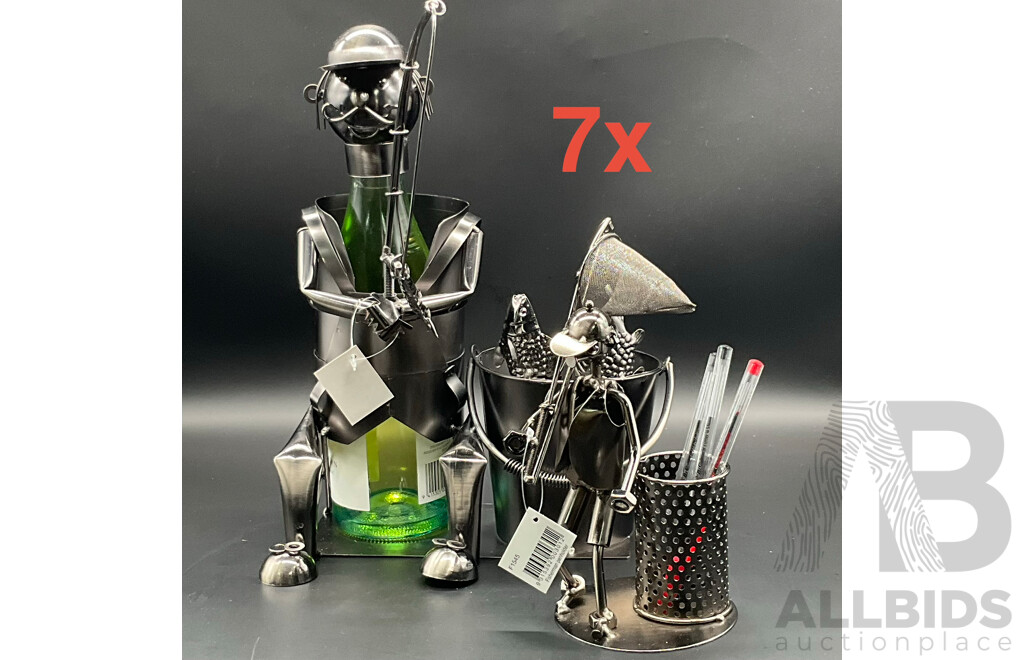 Assorted Metal ''Nuts and Bolts'' Sculptures, Including Fisherman Bottle Holder (x3) and Fisherman Pen Holder(x4) - Lot of 7