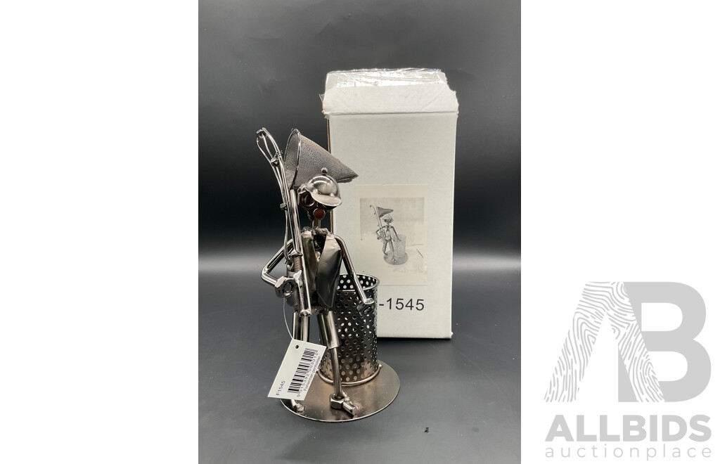 Assorted Metal ''Nuts and Bolts'' Fisherman Pen Holder Sculptures - Lot of 6