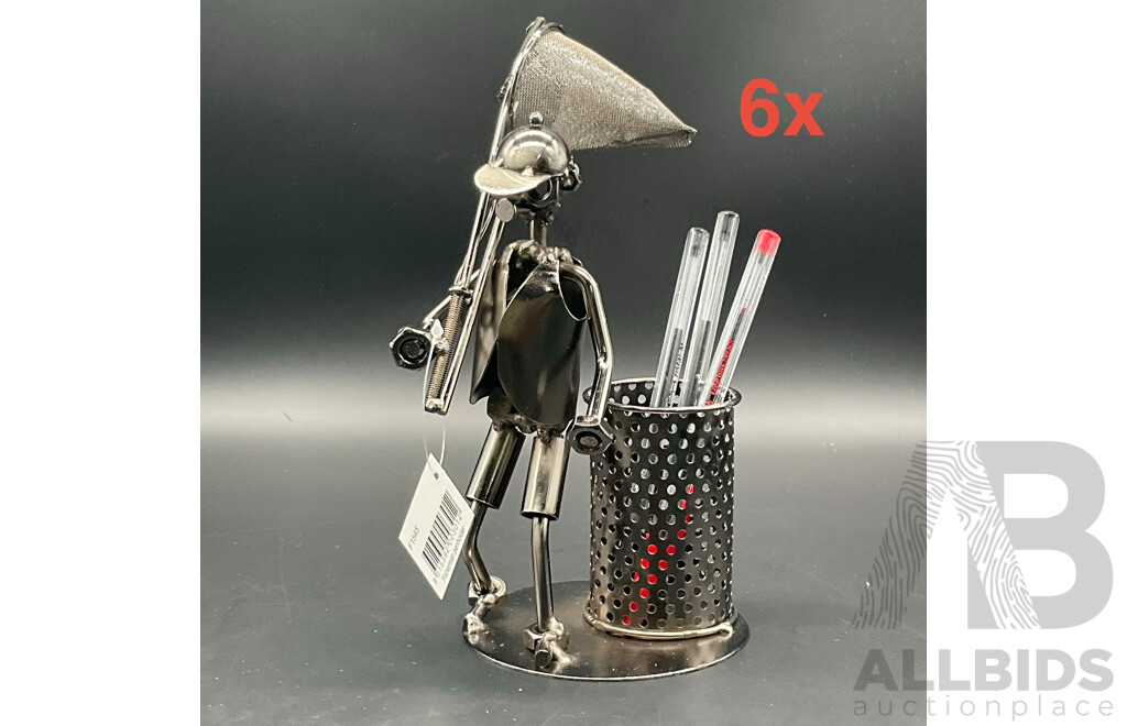 Assorted Metal ''Nuts and Bolts'' Fisherman Pen Holder Sculptures - Lot of 6