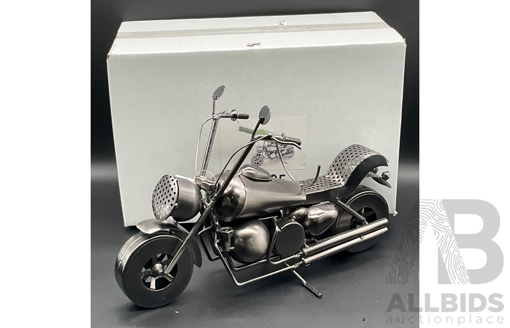 Metal ''Nuts and Bolts'' Motorcycle (x2), Truck Bottle Holder (x1) and Fisherman Pen Holder Sculptures - Lot of 4