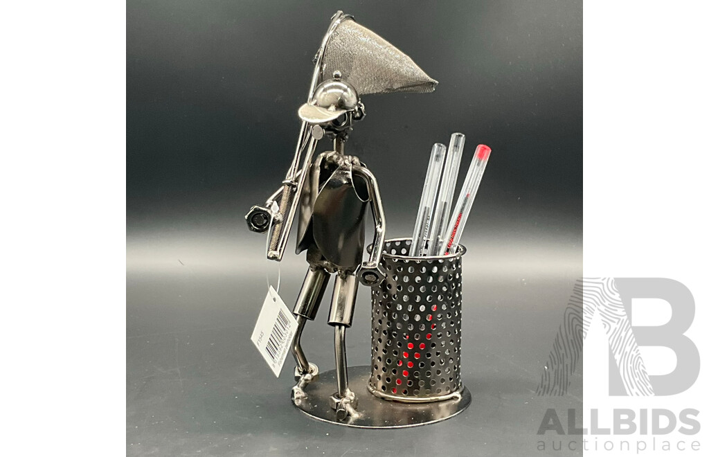 Metal ''Nuts and Bolts'' Motorcycle (x2), Truck Bottle Holder (x1) and Fisherman Pen Holder Sculptures - Lot of 4