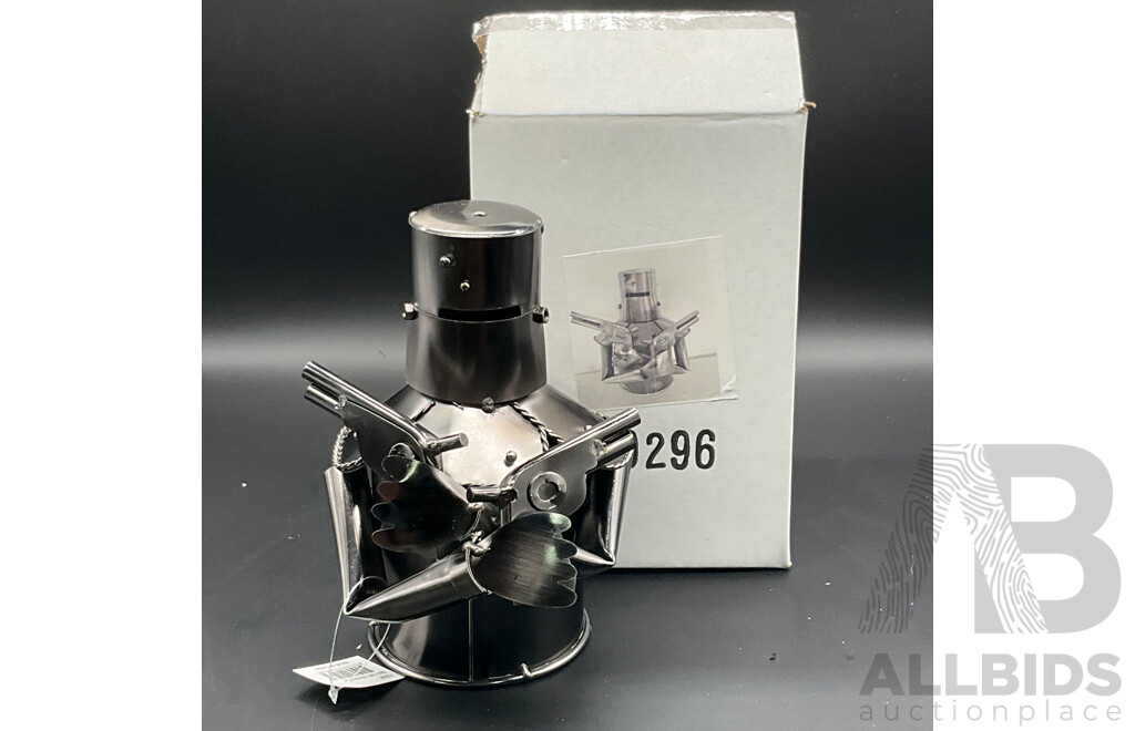 Metal ''Nuts and Bolts'' Knight (x2), Cowboy Bottle Holder (x2) and Ned Kelly Money Bank Sculptures (x2) - Lot of 6