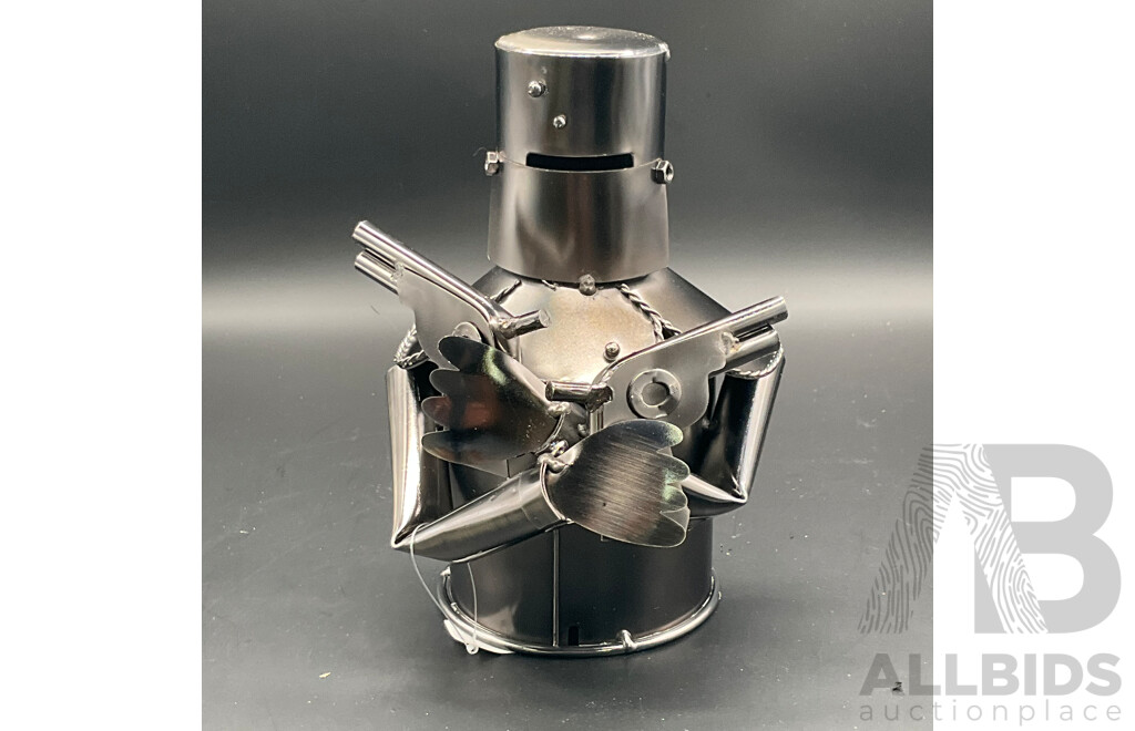 Metal ''Nuts and Bolts'' Knight (x1), Cowboy Bottle Holder (x2) and Ned Kelly Money Bank Sculptures (x2) - Lot of 5