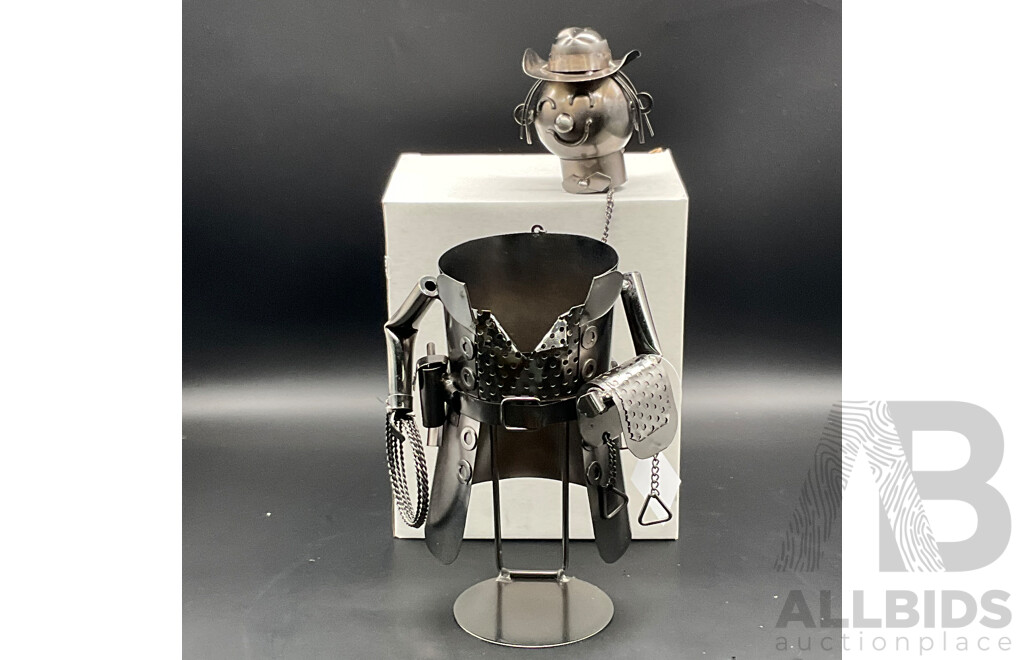 Metal ''Nuts and Bolts'' Knight (x1), Cowboy Bottle Holder (x2) and Ned Kelly Money Bank Sculptures (x2) - Lot of 5