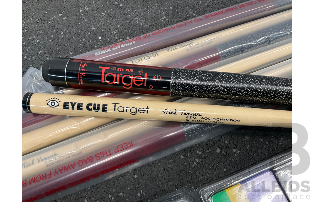 Assorted Billiard Equipment, Including Target Nick Varner Cue (6x) and More  - Lot of 13
