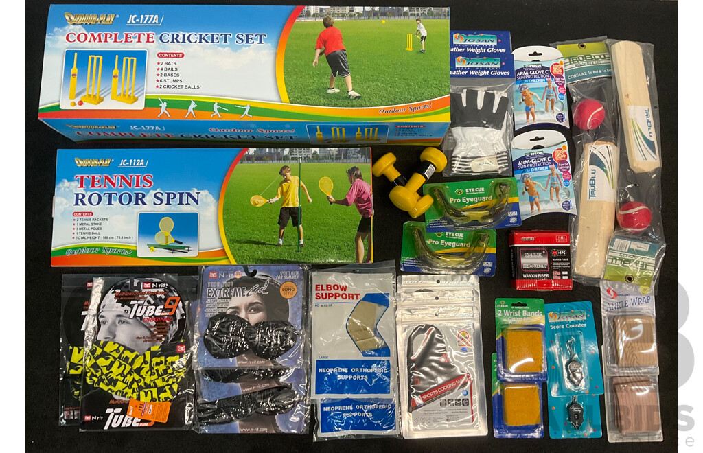 Collection of Various Sports Equipment for Cricket, Tennis and Assorted Sport Accessories - Lot of 29