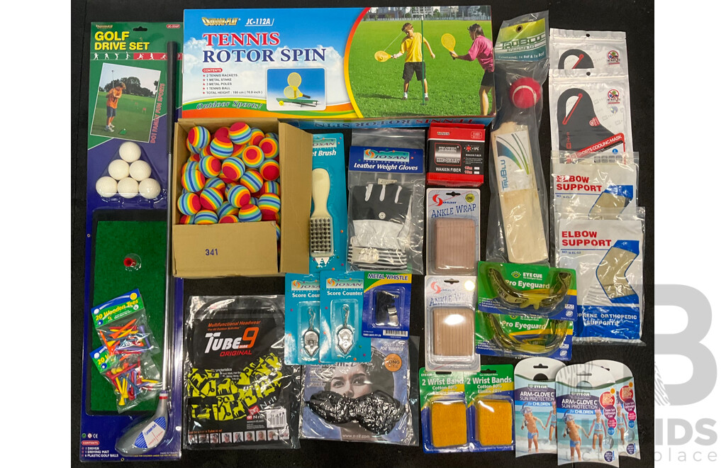 Collection of Various Sports Equipment for Golf, Cricket, Tennis and Assorted Sport Accessories - Lot of 28
