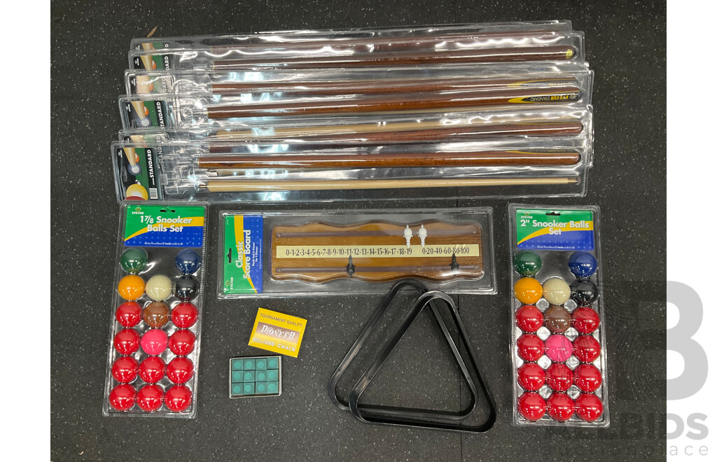 Assorted Billiard Equipment, Including EYECUE Standard Cue (x6) and More - Lot of 13