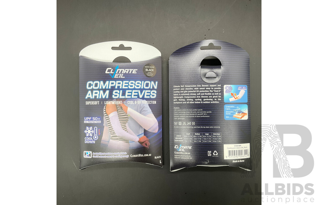 CLIMATE VEIL Compression Arm Sleeves - Adults (Black ) Size Large - Lot of 20