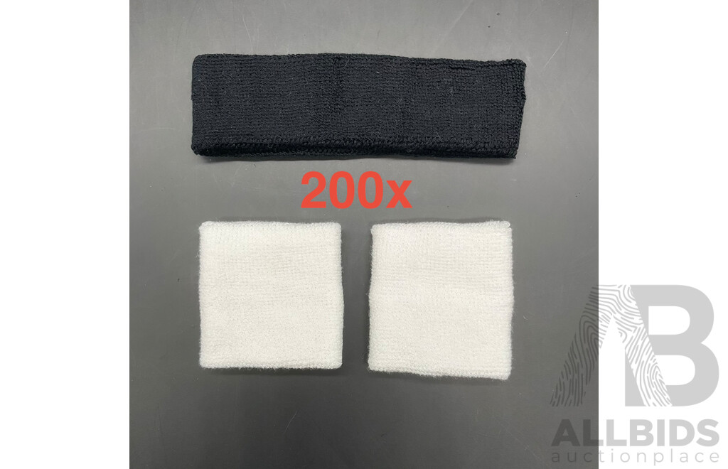Sweat-Wicking Wristbands and Headbands - Tennis Terry Towelling Cotton Sweat Workout Bands for Gym, Running - Black and White - Lot of 200