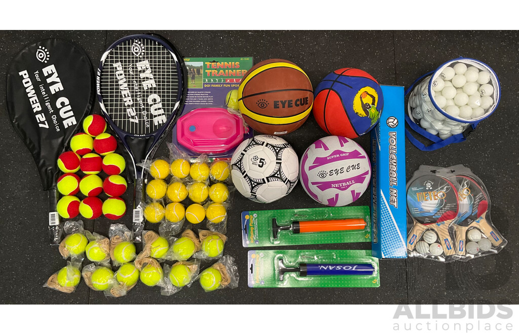 Collection of Various Sports Equipment for Tennis, Table Tennis, Basketball, Soccer, Netball - Lot of 49