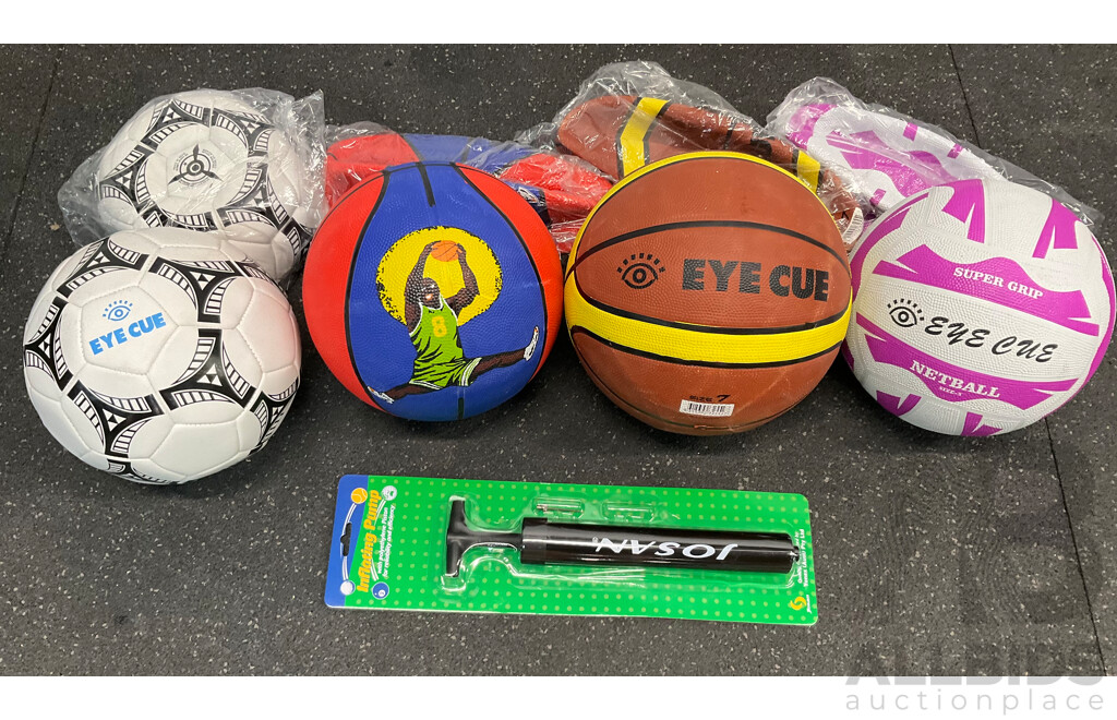 Assorted Basketball, Netball and Soccer Training Balls and Inflanting Pump - Lot of 9