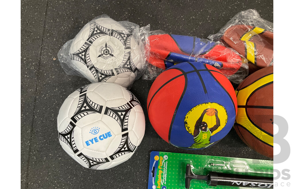Assorted Basketball, Netball and Soccer Training Balls and Inflanting Pump - Lot of 9