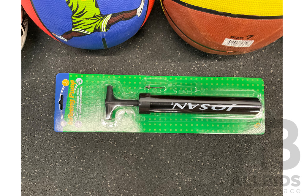 Assorted Basketball, Netball and Soccer Training Balls and Inflanting Pump - Lot of 9