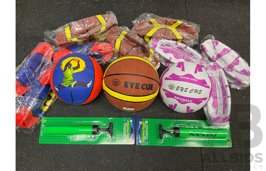 Assorted Basketball and Netball Training Balls and Inflanting Pumps - Lot of 16